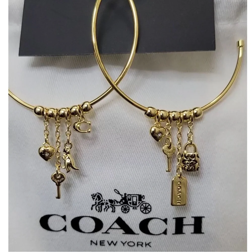 COACH DANGLE MULTI CHARM LARGE HOOP EARRINGS - Picture 4 of 8